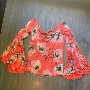 We The Free Floral Bell Sleeve Top in Coral and Black